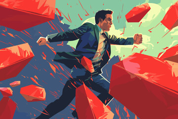 Businessman with shield fighting off multiple punch attacks, resilience and courage in the face of business threats and competition, surviving adversity to achieve success concept vector. - obrazy, fototapety, plakaty