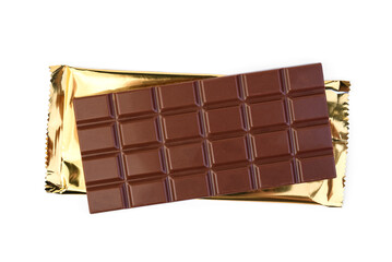 Milk chocolate with milk filling and caramel isolated on white background.