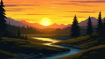 Foto auf Acrylglas beautiful view of sunset over lake wallpaper. A landscape of Sunset over lake. landscape with a lake and mountains in the background. landscape of mountain lake and forest with sunset in evening. © jokerhitam289