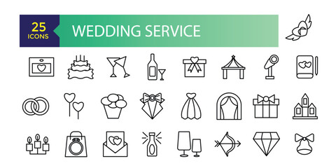 Wedding service icons set outline vector. Outline web wedding service icons such as website address, wedding vows, flower, wedding planner.
