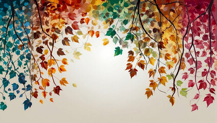 Illustration of a vibrant tree adorned with colorful leaves hanging from its branches, creating an abstract and lively wallpaper.