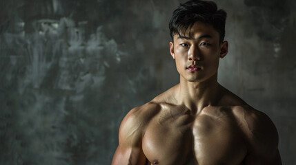Fototapeta na wymiar copy space, stockphoto, very handsome asian male model, boy-ish handsome look, 20 years old, well athletic build. Very attractive well build photo model. Handsome attractive sporty Asian young man. Go