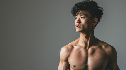 Fototapeta premium copy space, stockphoto, very handsome asian male model, boy-ish handsome look, 20 years old, well athletic build. Very attractive well build photo model. Handsome attractive sporty Asian young man. Go