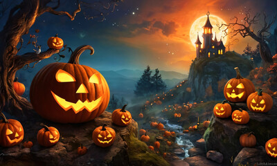 Halloween holiday. Many Jack-O-Lantern pumpkins in the dark fore - obrazy, fototapety, plakaty