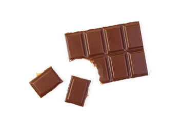 Milk chocolate with milk filling and caramel isolated on white background.