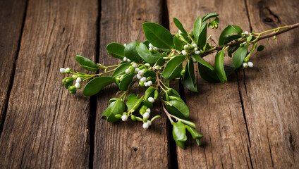 Mistletoe branch displayed against a rustic wooden backdrop.
