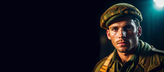 Portrait of a military man on a dark background. - obrazy, fototapety, plakaty
