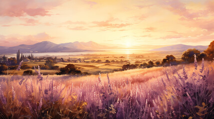 Fototapeta na wymiar A watercolor painting of Golden sunlight illuminates dreamy lavender field.