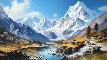Foto op Canvas Stunning watercolor art of Winter landscape with snow-draped alpine peaks, meandering river, and rocky valley under blue sky. © NaphakStudio