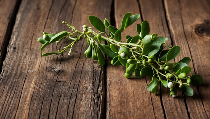 Mistletoe branch displayed against a rustic wooden backdrop.