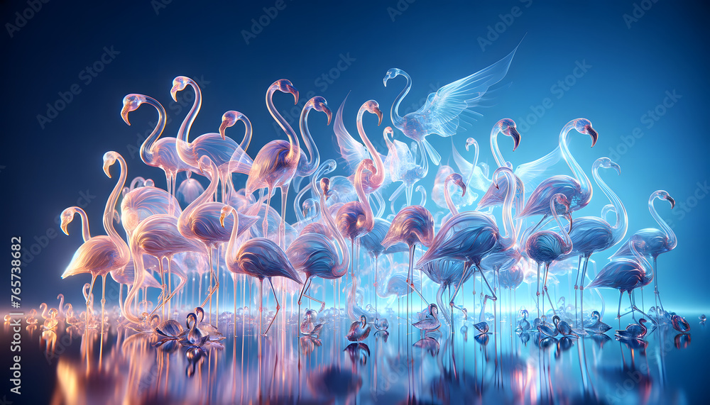 Poster ranslucent color flamingos, superimposed, with backlighting, set against a gradient blue background.