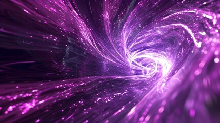 Abstract purple light lines and glowing particles form a background with a curved tunnel, creating a speed of lights effect. - obrazy, fototapety, plakaty