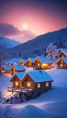 Rolgordijnen Winter landscape with wooden houses and snow-covered roofs. Cozy © Вероника Преображенс