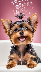 Wet Yorkshire Terrier puppy with soap bubbles and foam in the ba