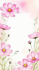 Frame of pink cosmos flowers of different sizes on white background. Space for text in the center. Vertical image.