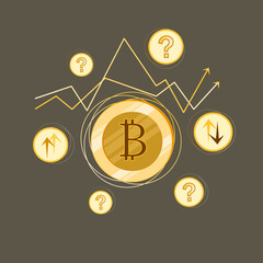 Bitcoin gold coin surrounded by coins with a question mark, signs with indicators of currency growth and decline and a growth rate chart