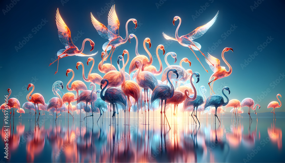 Poster the artistic rendering of translucent color flamingos set against a gradient blue background, featur