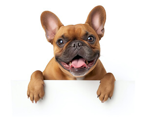 Happy french bulldog peeking out and hanging its paw on blank poster board against white...