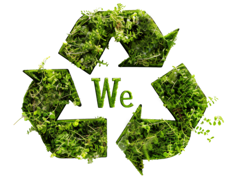 Eco-friendly green banner "We Recycle" Message isolated on transparent background