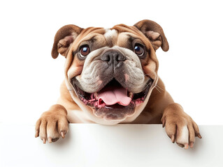 Happy white french bulldog peeking out and hanging its paw on blank poster board against white background. Blank copyspace for text.