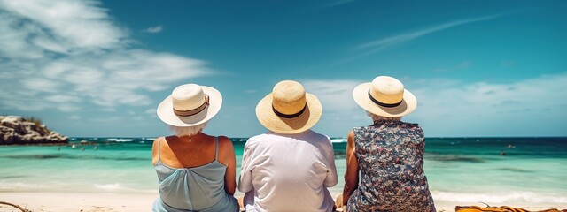 Fototapeta na wymiar Happy elderly friends sit on the beach near the ocean, cruise ship as a background, trend for individuality, magazine photography, professional color grading, generative Ai 