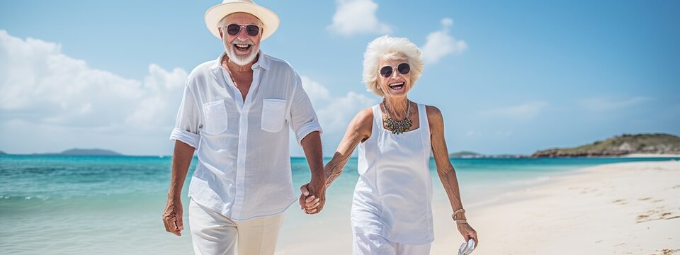 Happy elderly friends sit on the beach near the ocean, cruise ship as a background, trend for individuality, magazine photography, professional color grading, generative Ai 