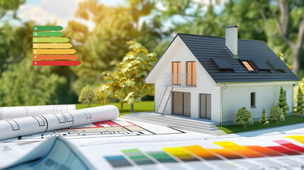 house model accompanied by a Real Estate Energy Efficiency Diagnosis (DPE) label, illustrating the property's energy performance and promoting sustainable real estate practices, copy space, banner