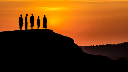 A group of people are standing on a hillside at sunset. The silhouettes of the people are cast against the orange sky, creating a serene and peaceful atmosphere