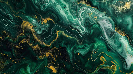 Fototapeta na wymiar Fluid abstract art resembling a mystical forest in emerald greens and golds. ,