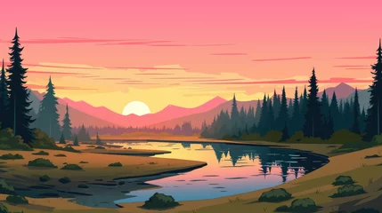 Muurstickers beautiful view of sunset over lake wallpaper. A landscape of Sunset over lake. landscape with a lake and mountains in the background. landscape of mountain lake and forest with sunset in evening. © jokerhitam289