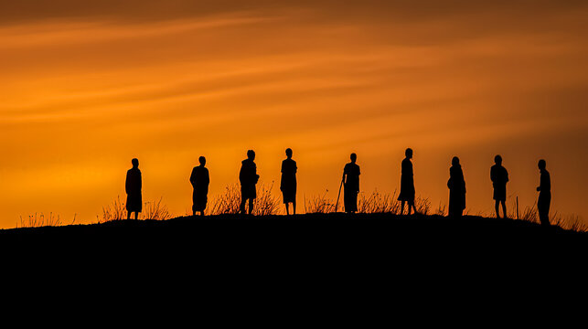 A group of people are standing on a hillside at sunset. The silhouettes of the people are emphasized by the orange sky. Scene is peaceful and serene, as the people are standing together