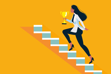 Fototapeta na wymiar Businesswoman Running Up Stairs to Reach Trophy, Motivation and Ambition to Achieve Career Success, Growth Mindset to Overcome Challenges and Climb Corporate Ladder Concept