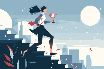 Businesswoman Running Up Stairs to Reach Trophy, Motivation and Ambition to Achieve Career Success, Growth Mindset to Overcome Challenges and Climb Corporate Ladder Concept