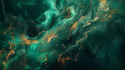 Fluid abstract art resembling a mystical forest in emerald greens and golds. ,