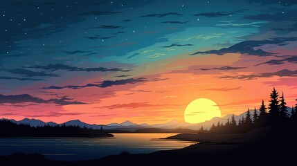 beautiful view of sunset over lake wallpaper. A landscape of Sunset over lake. landscape with a lake and mountains in the background. landscape of mountain lake and forest with sunset in evening.