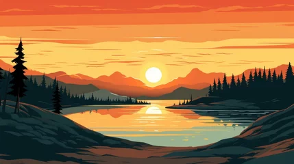 Foto op Aluminium beautiful view of sunset over lake wallpaper. A landscape of Sunset over lake. landscape with a lake and mountains in the background. landscape of mountain lake and forest with sunset in evening. © jokerhitam289