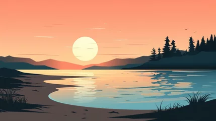 Raamstickers beautiful view of sunset over lake wallpaper. A landscape of Sunset over lake. landscape with a lake and mountains in the background. landscape of mountain lake and forest with sunset in evening. © jokerhitam289