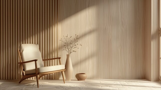 Room interiors mockup in beige tones with wooden chair and wood panel.