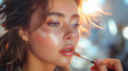 Fototapeta premium Beautiful girl with brown hair and perfect makeup getting her lips done by professional make up artist, bright light, daylight, blurred background