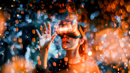 A beautiful woman wearing virtual reality glasses with orange light, fire in the background and floating sparks, creating an immersive experience of futuristic technology and digital worlds.