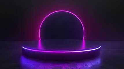 Black Box podium with neon light in dark theme. Minimal scene for product display. Abstract...