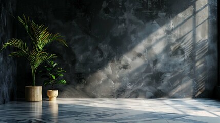 Dark wall empty room with plants on a marble floor