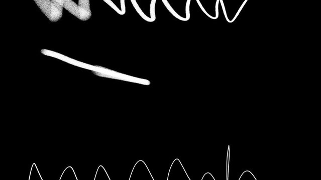 Monochromatic animation of white grunge pencil zig zag lines on black background. Low frame rate effect. Seamless loop.