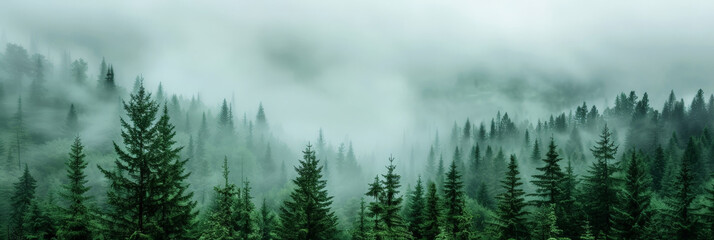 misty forest with fog in the mountains, Misty landscape with fir forest in hipster vintage retro style. dark green Misty landscape with fir forest banner	
