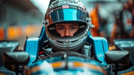 Close up of rider person wearing helmet.