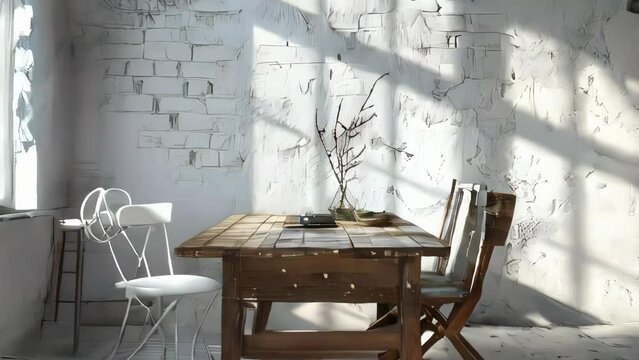 Interior of modern dining room with white walls, concrete floor, wooden table and chairs.