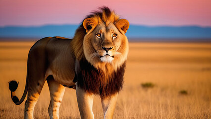 A young lion with a gorgeous mane in the savannah at sunset