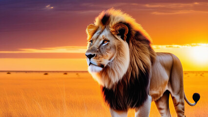 A young lion with a gorgeous mane in the savannah at sunset - obrazy, fototapety, plakaty
