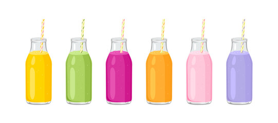 Row of fresh smoothies in glass bottles with straws isolated on white. Vector cartoon illustration of different healthy juices.