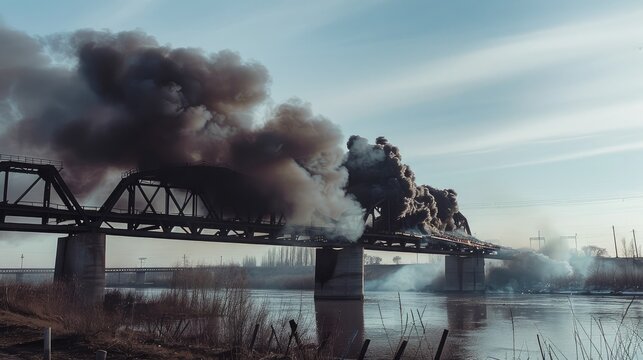 Powerful explosion on a concrete road bridge during the day. burning bridge. 